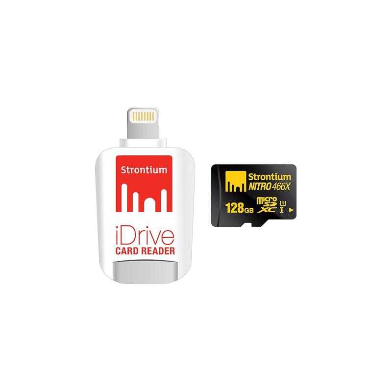 Strontium Nitro 128GB Micro sdxc UHS-1 Memory Card with iDrive Card Reader with Lightning Connector for iPads, iPhones and Computers - (SRN128GTFU1D)