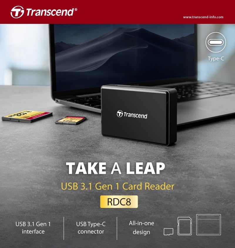 TRANSCEND TS-RDC8K All-in-1 Multi Memory Card Reader, USB 3.1 Gen 1 with a reeversible Type-C