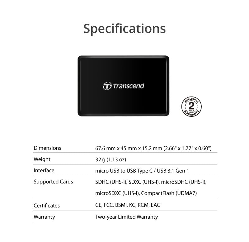 TRANSCEND TS-RDC8K All-in-1 Multi Memory Card Reader, USB 3.1 Gen 1 with a reeversible Type-C