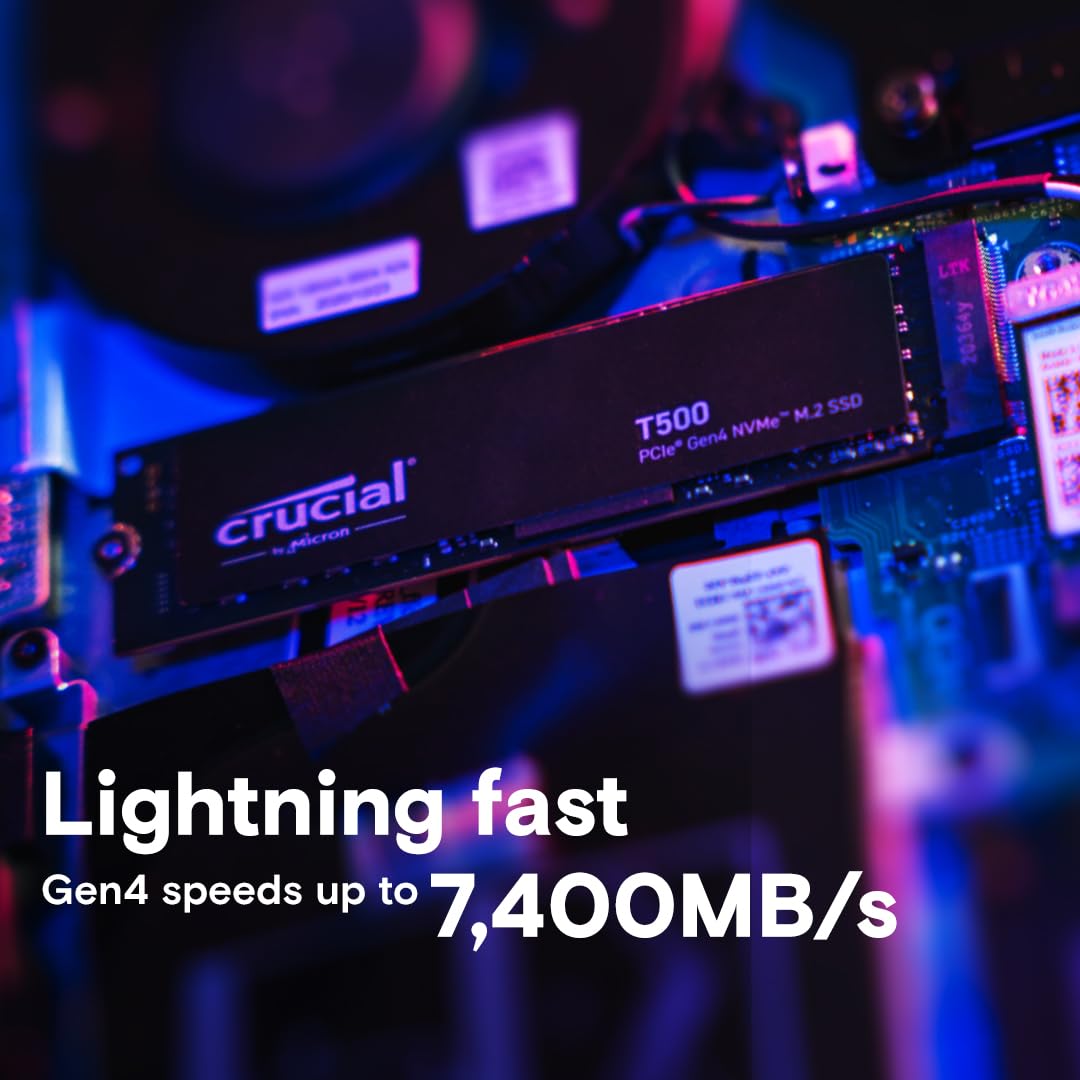 Crucial T500 PCIe Gen4 NVMe 1TB SSD, Up to 7,300MB/s, TLC NAND, Laptop & Desktop (PC) Compatible, for Creatives and Gamers, Solid State Drive, Includes 1Mo Adobe CC – CT1000T500SSD8