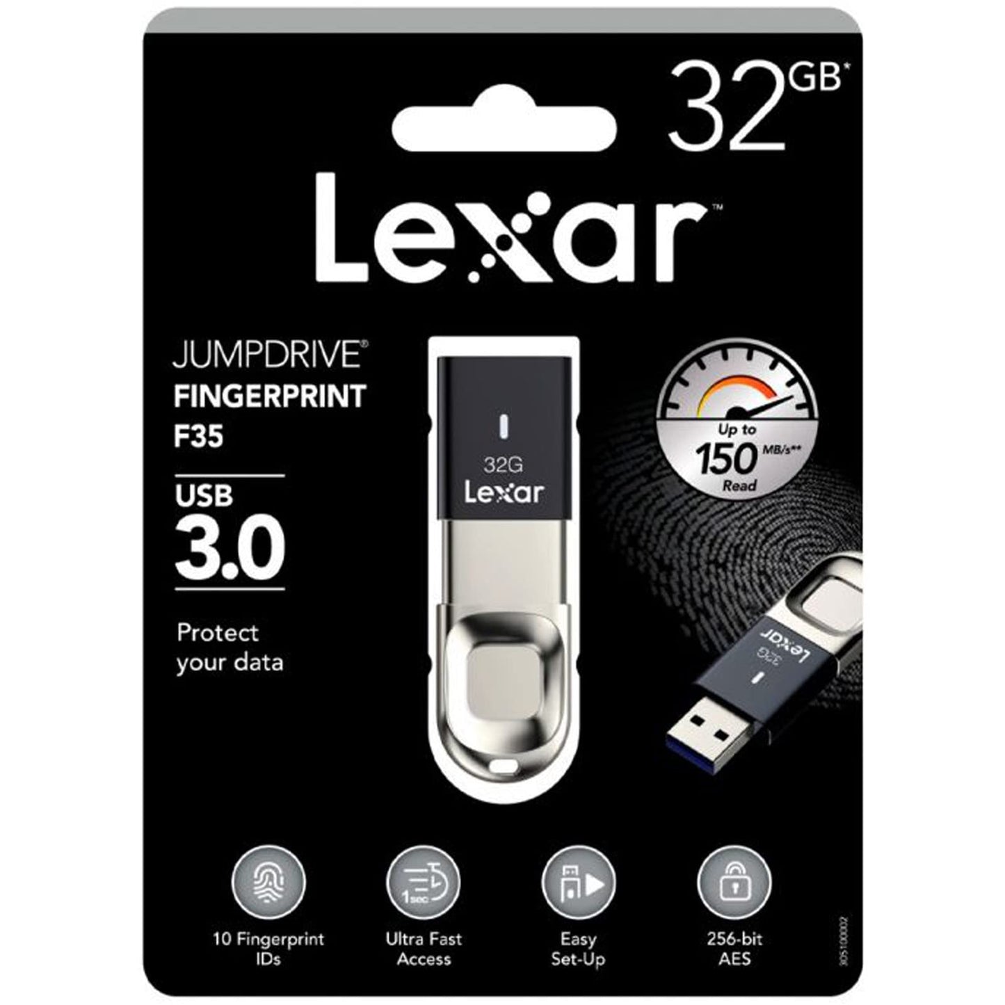 Lexar JumpDrive Fingerprint F35 USB 3.0 Flash Drive, Up To 150MB/s Read, for Computer, External Storage Data, Photo, Videod (LEX-LJDF35)