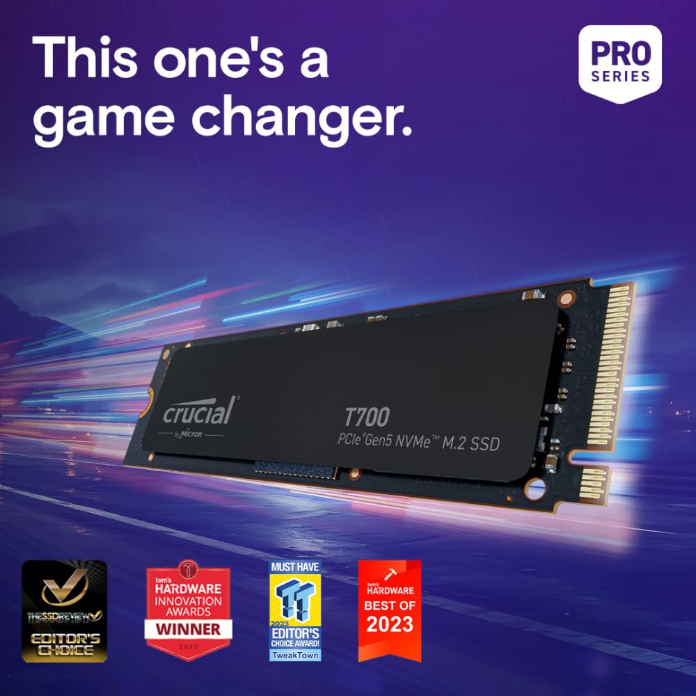 Crucial T700 PCIe Gen5 NVMe 1TB SSD, Up to 11,700MB/s, Intel & Ryzen Compatible, for Hardcore Gaming & High-Speed Storage, Solid State Drive – CT1000T700SSD3