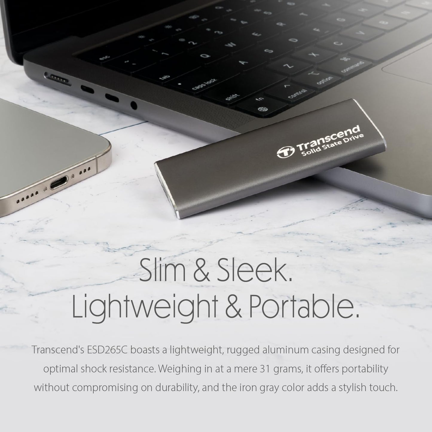 Transcend ESD265C, External Solild State Drive, Portable SSD, Slim & Sleek Lightweight, Aluminum casing, Up to 1050 MB/s,Type A and C - (TS-ESD265C)
