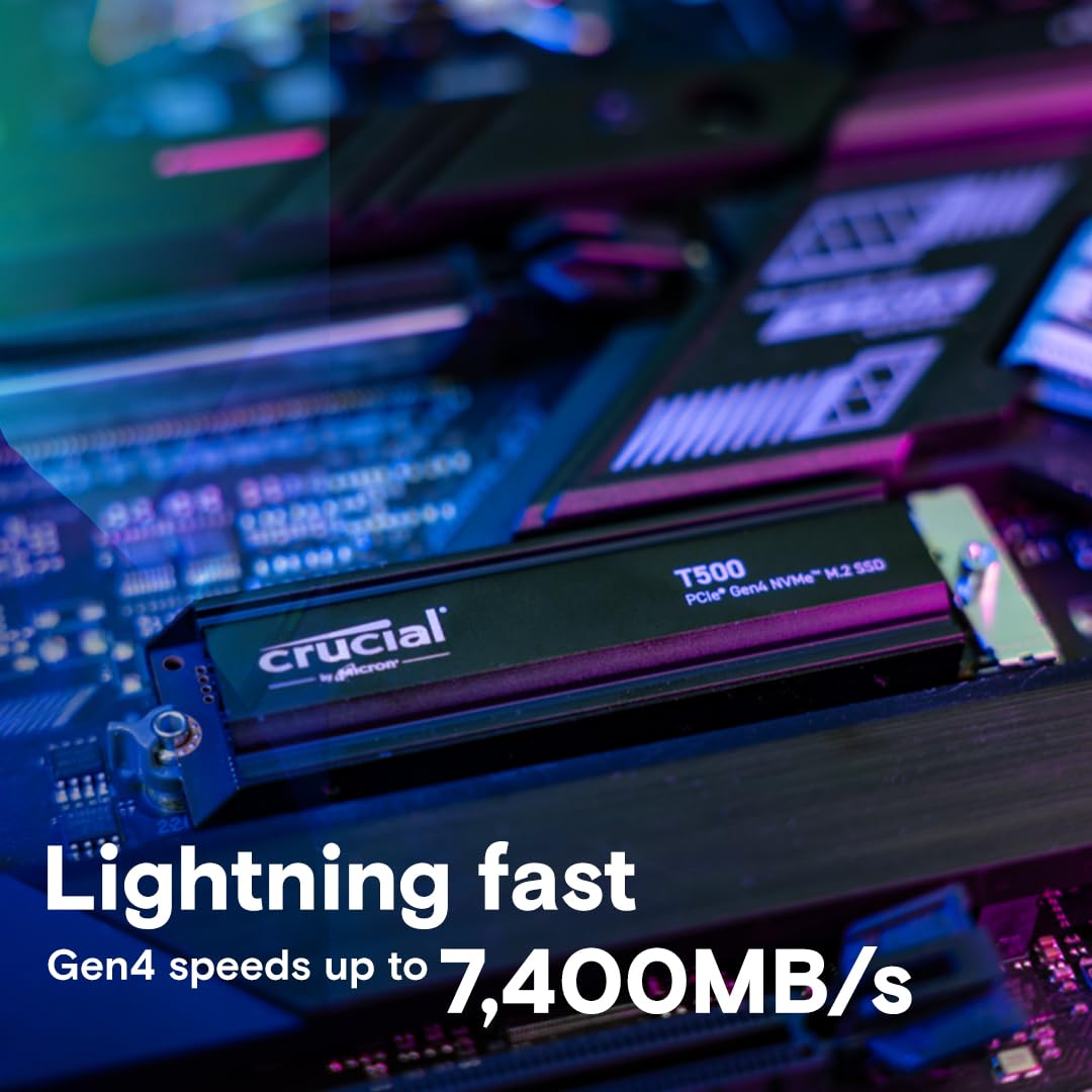 Crucial T500 1TB PCIe Gen4 NVMe Gaming PS5 SSD with Heatsink, Up to 7,300MB/s, TLC NAND, PlayStation 5 Compatible, Laptop, & Desktop (PC), Solid State Drive, Includes 1Mo Adobe CC – CT1000T500SSD5