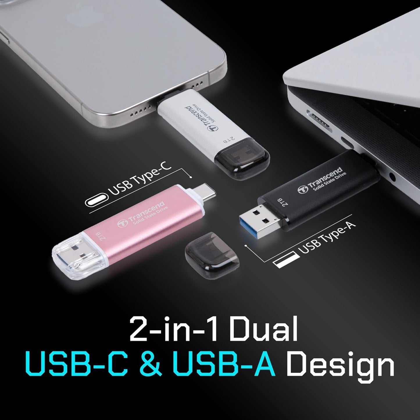 Transcend ESD310 External SSD, Up to 1,050MB/s, Dual USB Flash Drive for iPhone/iPad/Mac/Windows, Android/Tablet/PC, USB 3.2 Gen 2 Thumb Drive Photo Stick, 2-in-1 Type C &Type A Memory Stick (TS-ESD310)
