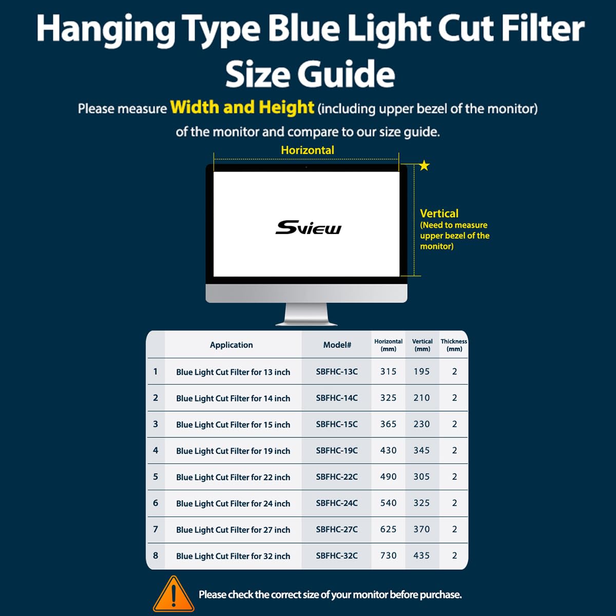 Sview Anti Blue Light Screen Protector Panel - PC Anti-UV Eye Protection Filter Film, For Widescreen Laptop and Monitor Frame Hanging Type - 1 Piece Per Pack (SBFHC)