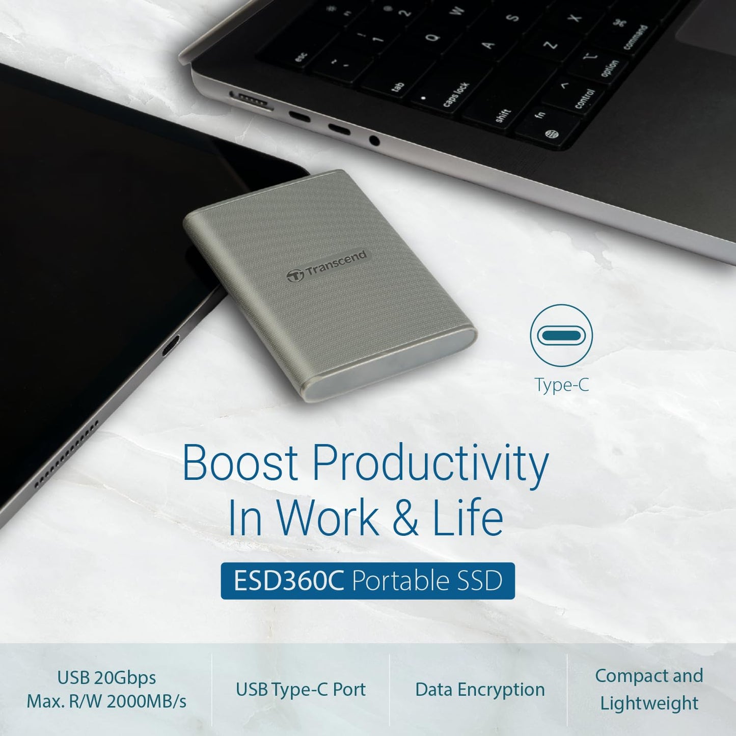 Transcend External SSD, USB 3.2 Gen 2 (20Gbps), Up to 2,000MB/s, Portable SSD with USB-C Cable, for Steam Deck, ROG Ally, MSI Claw, Windows&Mac, iPhone, iPad, Android, PS5, Xbox, Smart TV (TS-ESD360C)