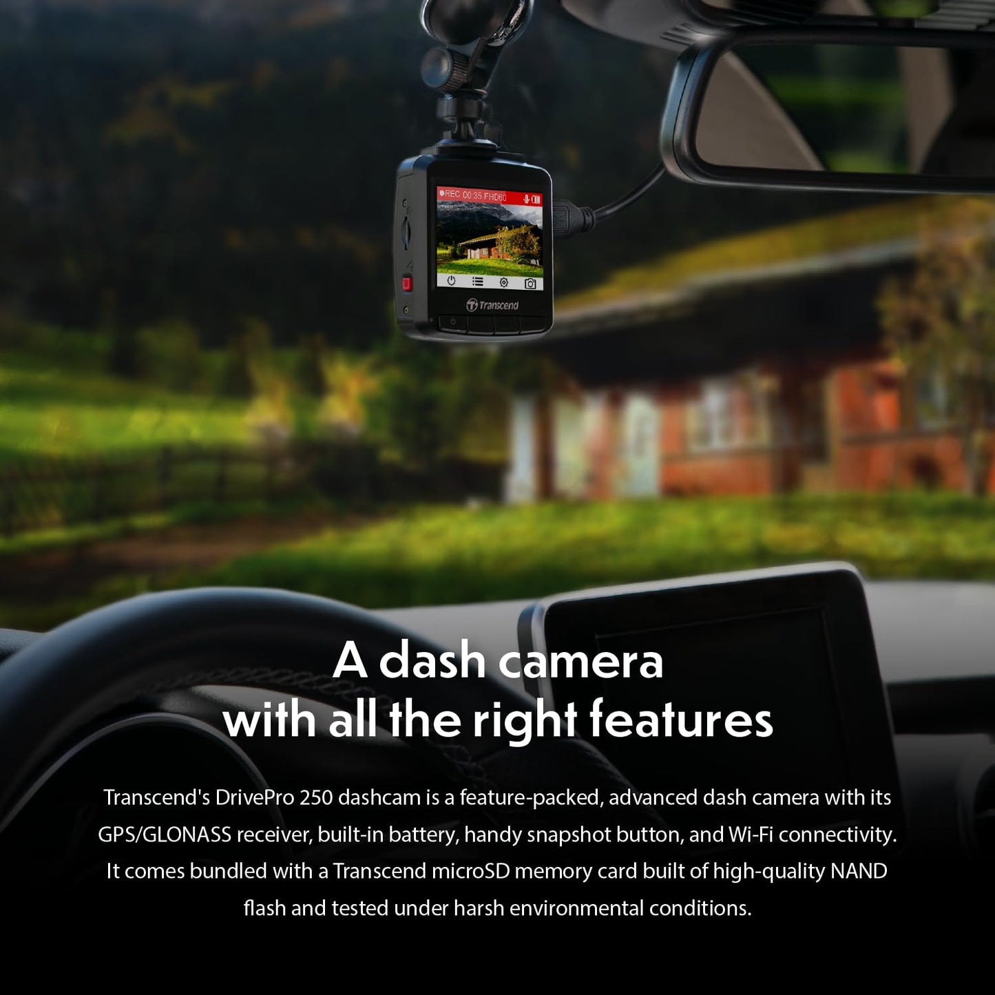 Transcend Dash Cam Front, 2K QHD 1440P Car Camera, 140° Wide-Angle, with Handy Snapshot Button/G-Sensor/Night Vision Loop Recording/Head-Up Display/Wi-Fi GPS GLONASS/ADAS/Parking Mode/Support 1TB Max