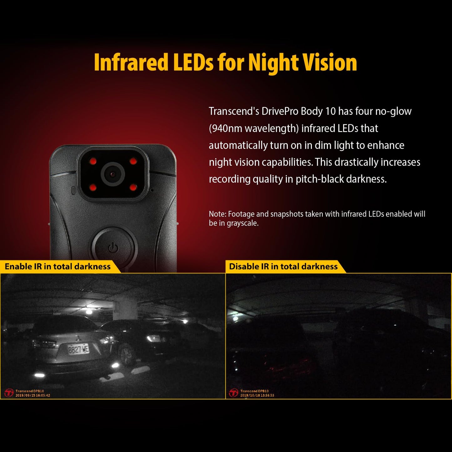 Transcend 64GB, DrivePro Body 10, Body Camera, Night Vision, Infrared LED, Water Resistant, 7-Hour Battery Life, with Audio and Video Recording, Ideal for Personal Civilians & Security - TS64GDPB10C