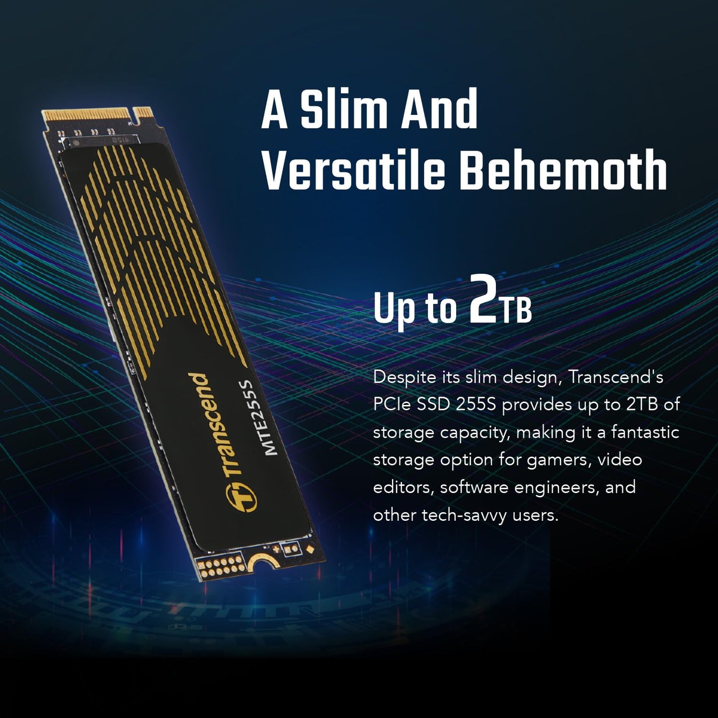 Transcend Gaming SSD with Heatsink, Up to 7,400MB/s, Compatible with PS5, Desktops, Laptops, M.2 2280 PCIe 4.0 NVMe Gen4x4 Internal Solid State Hard Drive, 3D TLC NAND, High-Speed Internal SSD (TS-MTE255S)