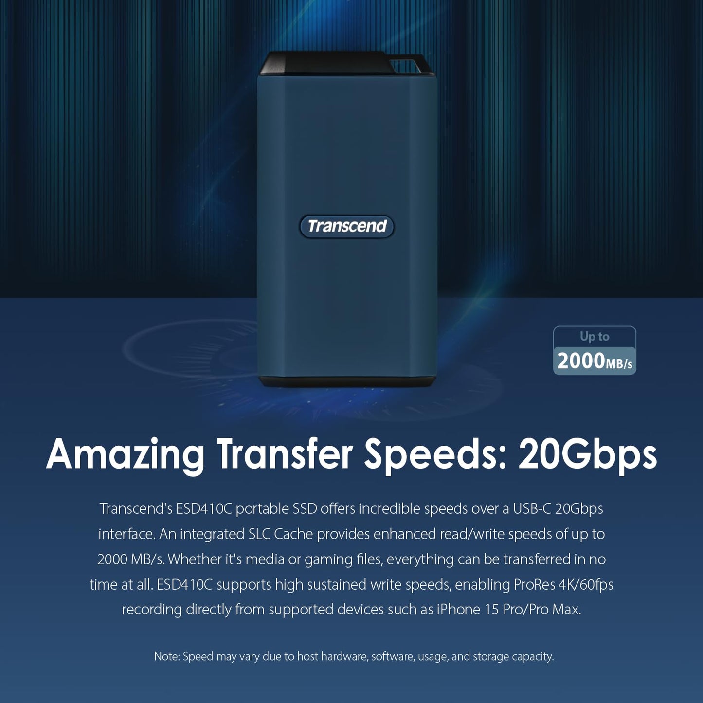 Transcend External SSD, Up to 2000MB/s, Supports Apple 4K 60fps ProRes, USB Hard Drive for iPhone15, 16, iPad, Mac, Tablets, PS5, Windows, Android, IPX5 Water-Resistant USB 3.2 Gen2 (20Gbps) Portable SSD (TS-ESD410C)