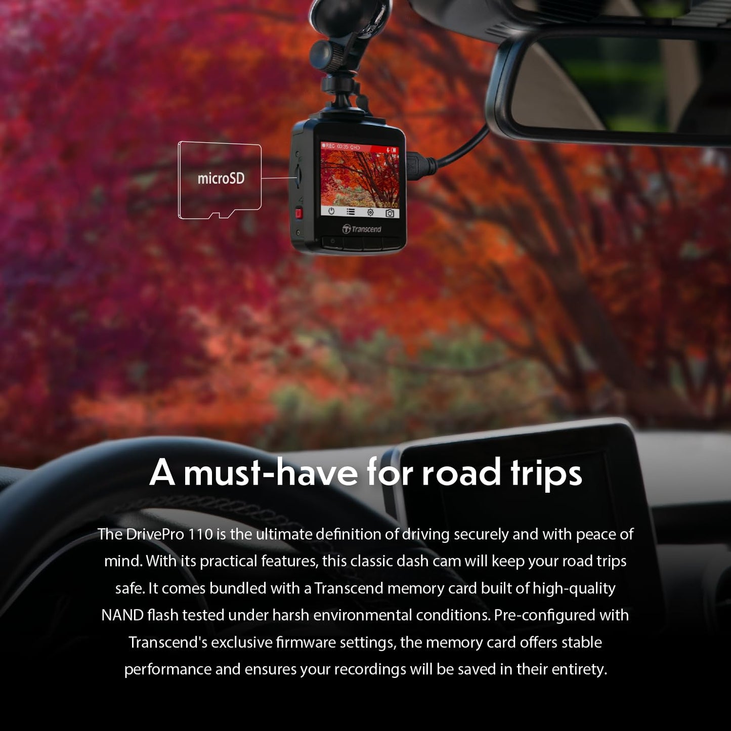 Transcend DrivePro 110 Car Video Recorder Dash Cam Full HD 1080p/30FPS 64GB Micro SD Card Included