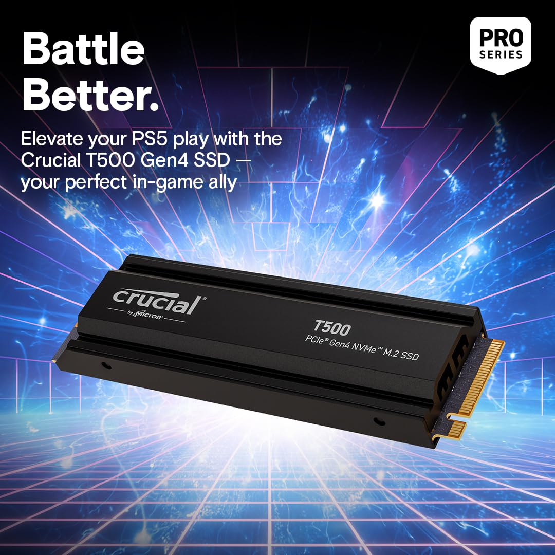Crucial T500 1TB PCIe Gen4 NVMe Gaming PS5 SSD with Heatsink, Up to 7,300MB/s, TLC NAND, PlayStation 5 Compatible, Laptop, & Desktop (PC), Solid State Drive, Includes 1Mo Adobe CC – CT1000T500SSD5