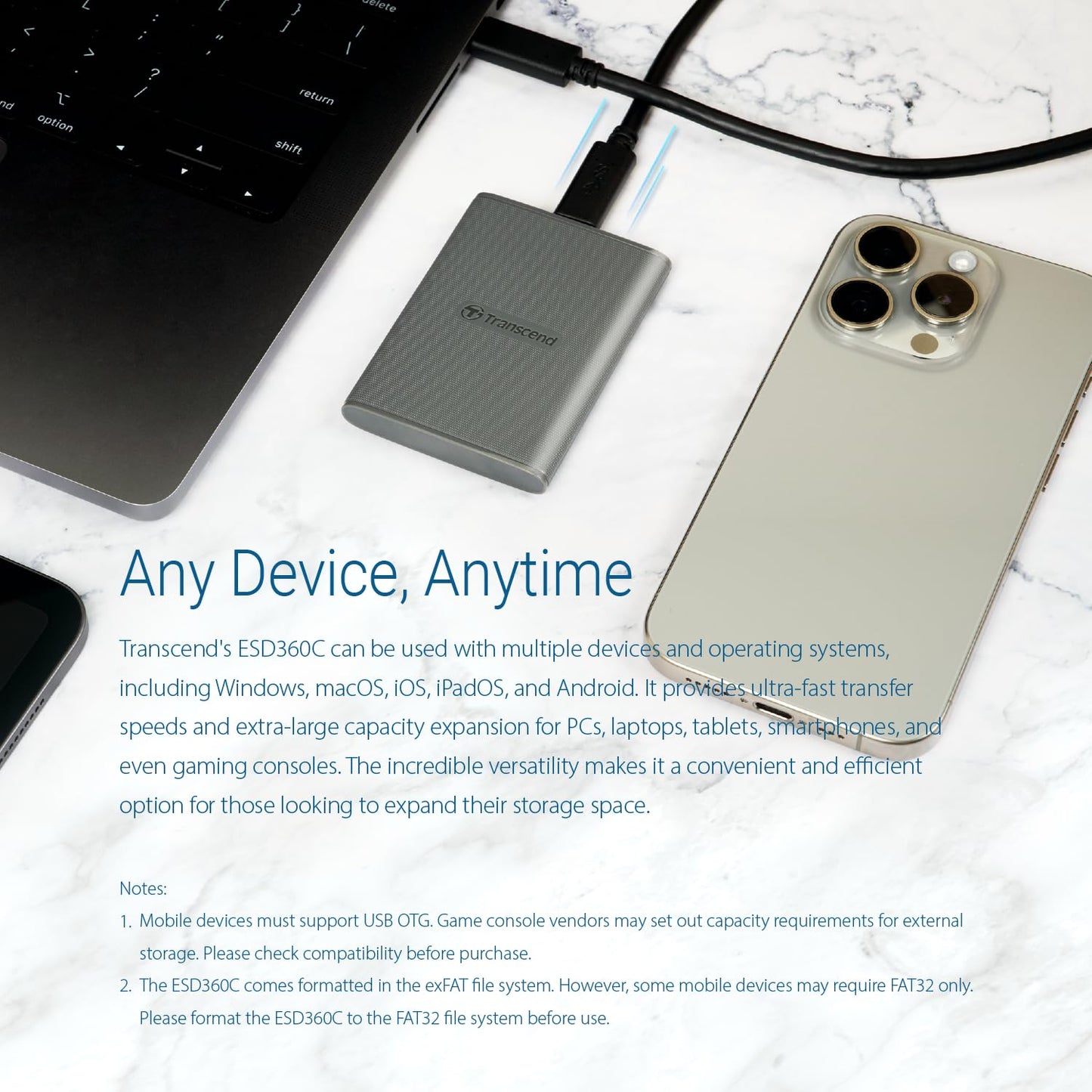 Transcend External SSD, USB 3.2 Gen 2 (20Gbps), Up to 2,000MB/s, Portable SSD with USB-C Cable, for Steam Deck, ROG Ally, MSI Claw, Windows&Mac, iPhone, iPad, Android, PS5, Xbox, Smart TV (TS-ESD360C)