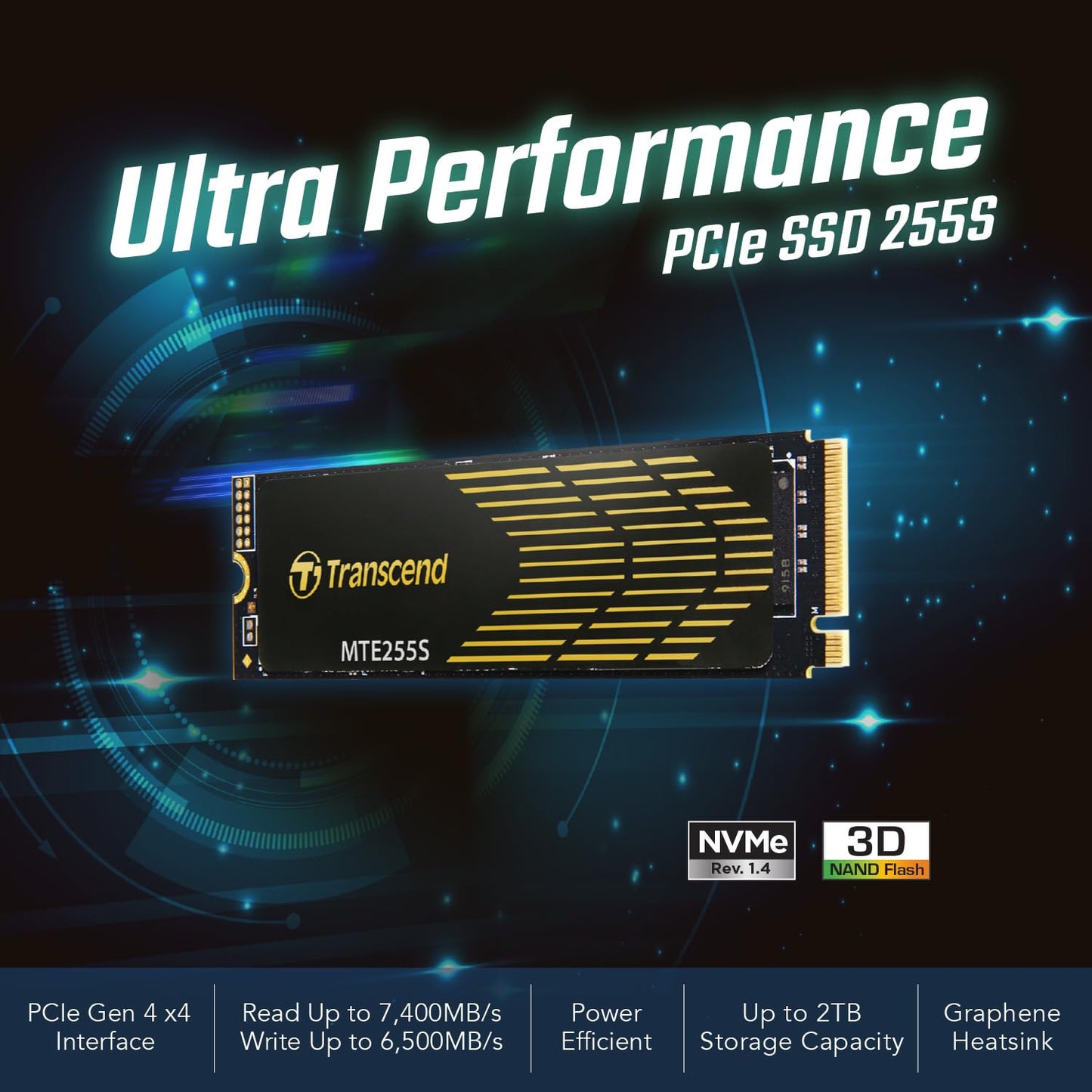 Transcend Gaming SSD with Heatsink, Up to 7,400MB/s, Compatible with PS5, Desktops, Laptops, M.2 2280 PCIe 4.0 NVMe Gen4x4 Internal Solid State Hard Drive, 3D TLC NAND, High-Speed Internal SSD (TS-MTE255S)