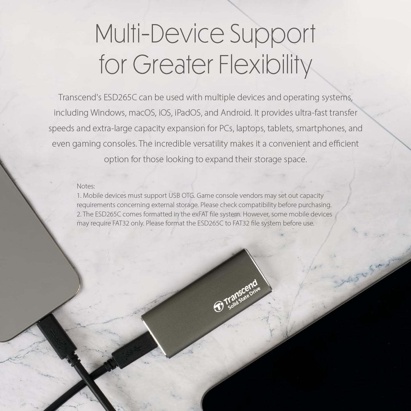 Transcend ESD265C, External Solild State Drive, Portable SSD, Slim & Sleek Lightweight, Aluminum casing, Up to 1050 MB/s,Type A and C - (TS-ESD265C)
