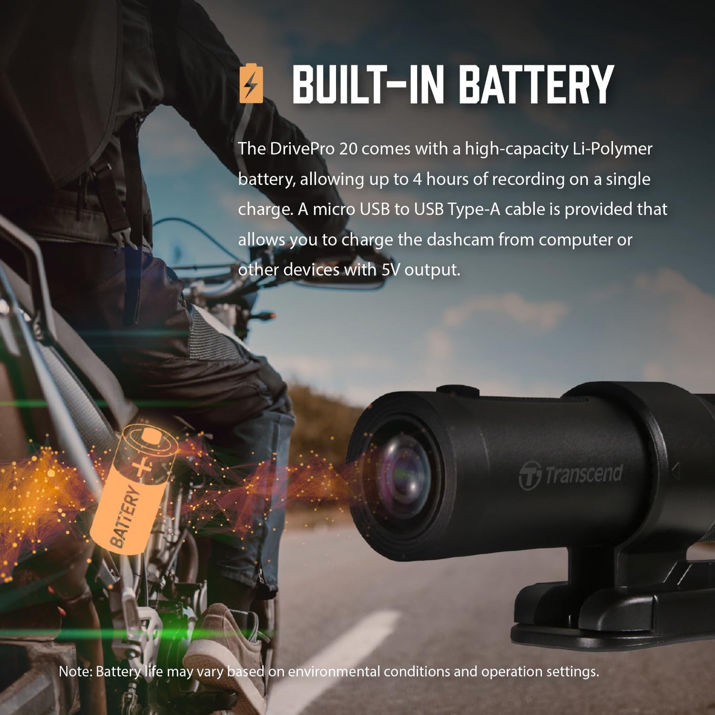 Transcend 64GB, 2K 1440p Motorcycle Dash Cam, 140 Wide-Angle, Built-in WiFi,G-Sensor, Night Vision, IP68, Emergency Recording, for Bikes, Motorcycles - TS-DP20A-64G