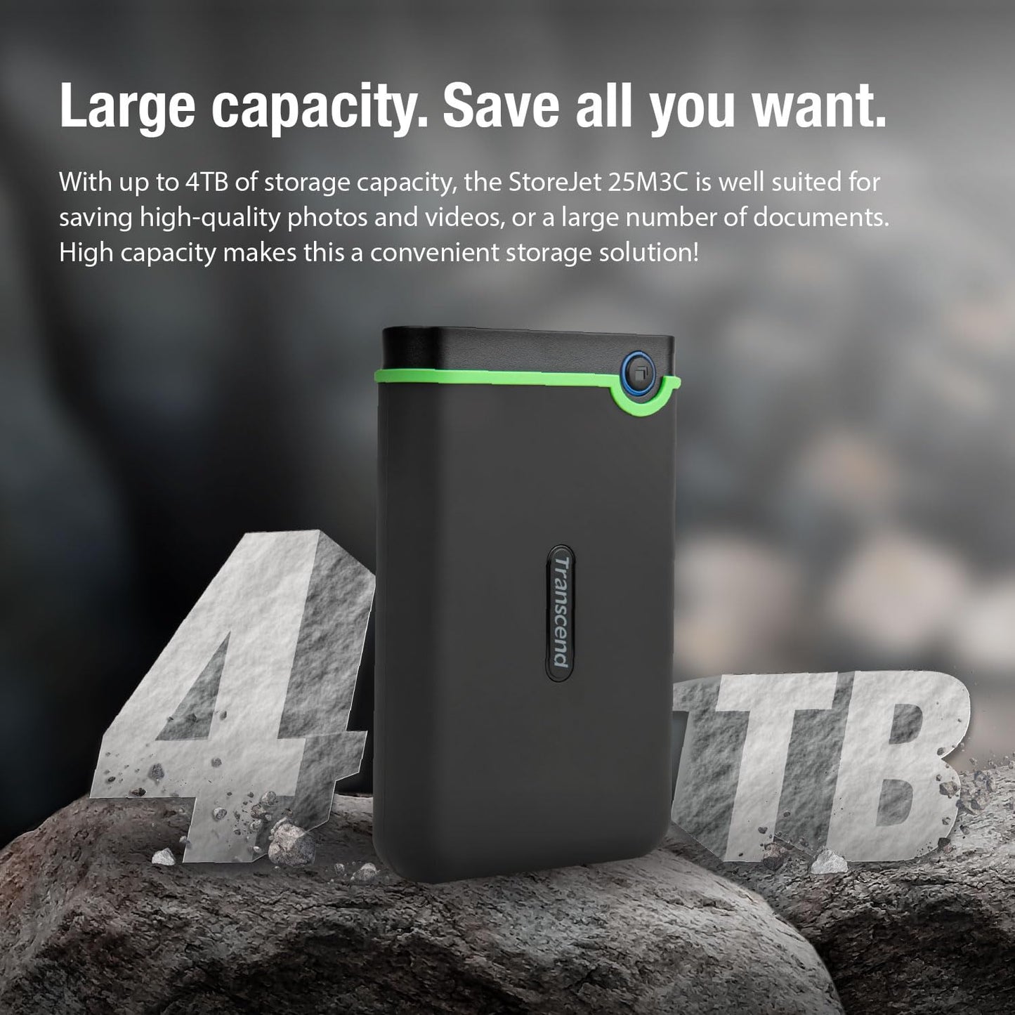Transcend Rugged External Hard Drive, for PS4, PC, Mac, Desktop, Laptop, Xbox One, Xbox 360, USB3.1Gen1 (5Gbps) Type-C Portable HDD, One Touch Auto-Backup Button, Anti-Shock Resistant (TS-SJ25M3)