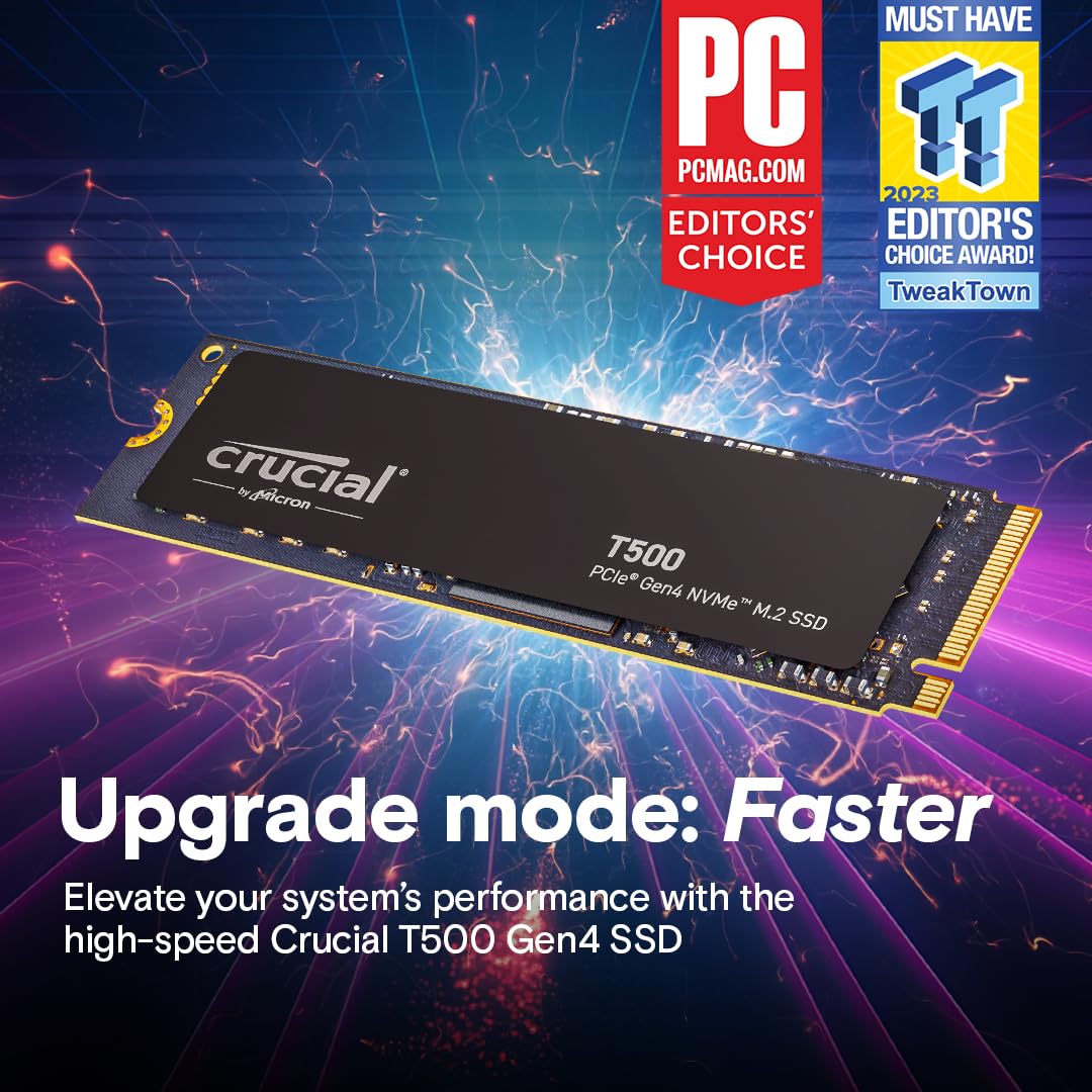 Crucial T500 PCIe Gen4 NVMe 1TB SSD, Up to 7,300MB/s, TLC NAND, Laptop & Desktop (PC) Compatible, for Creatives and Gamers, Solid State Drive, Includes 1Mo Adobe CC – CT1000T500SSD8