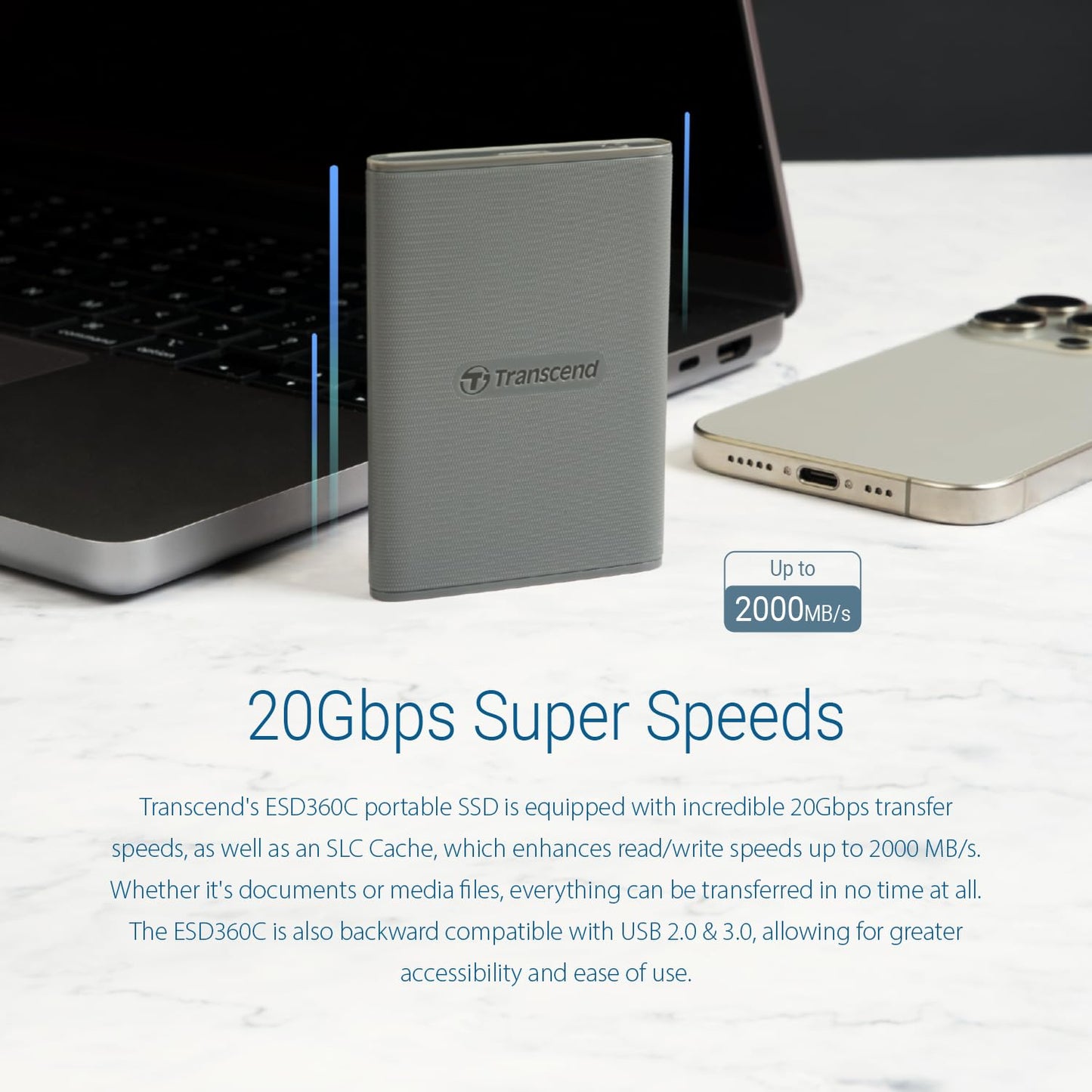 Transcend External SSD, USB 3.2 Gen 2 (20Gbps), Up to 2,000MB/s, Portable SSD with USB-C Cable, for Steam Deck, ROG Ally, MSI Claw, Windows&Mac, iPhone, iPad, Android, PS5, Xbox, Smart TV (TS-ESD360C)