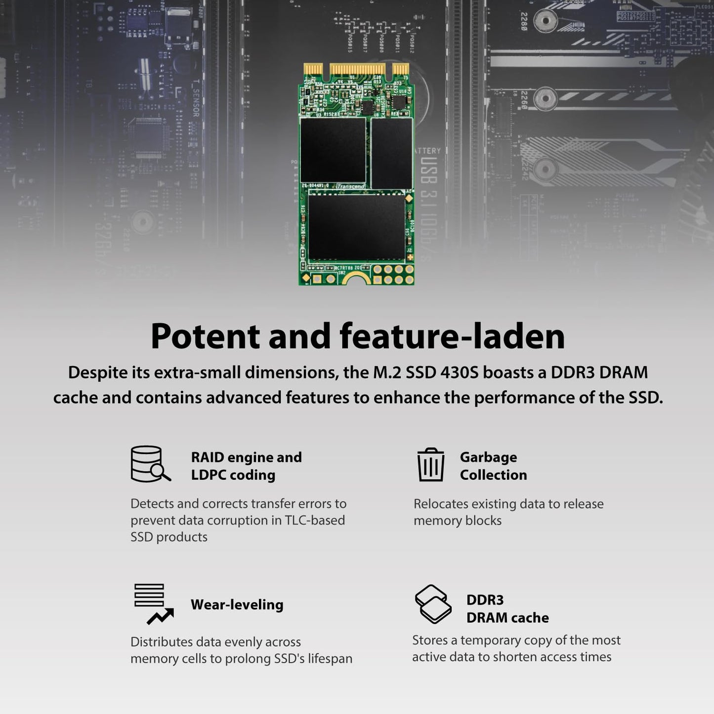 Transcend M.2 2242 SATA III SSD with Dram Cache, Up to 560MB/s, Compatible w/ Ultrabook, Laptop, PC, Desktop, 3D TLC NAND Flash Internal Solid State Drive, LDPC Error Correction, SLC Cache, B+M Key (TS-MTS430S)