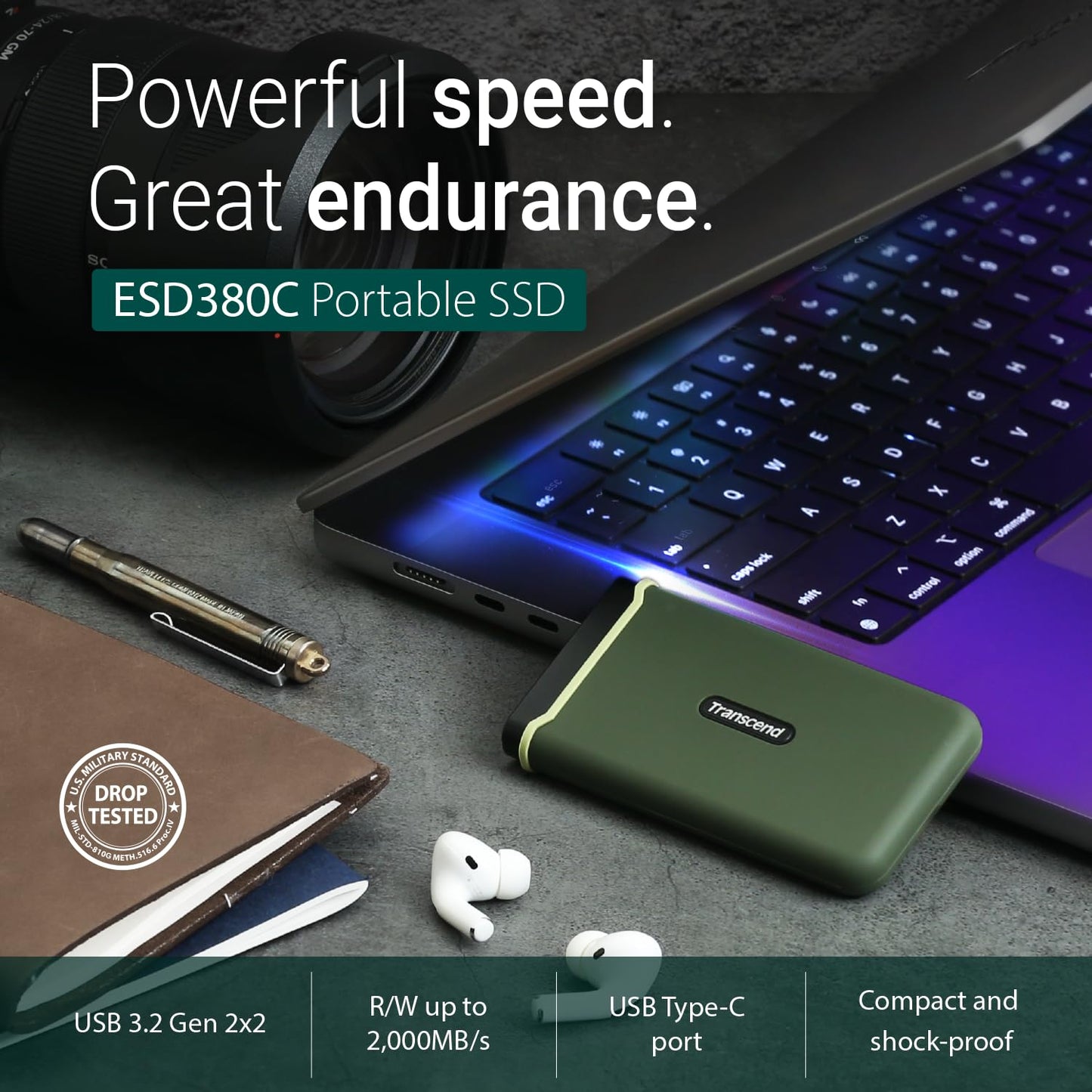 Transcend ESD380C External SSD Portable, USB3.2 Gen2x2, Type-C (TS-ESD380C)