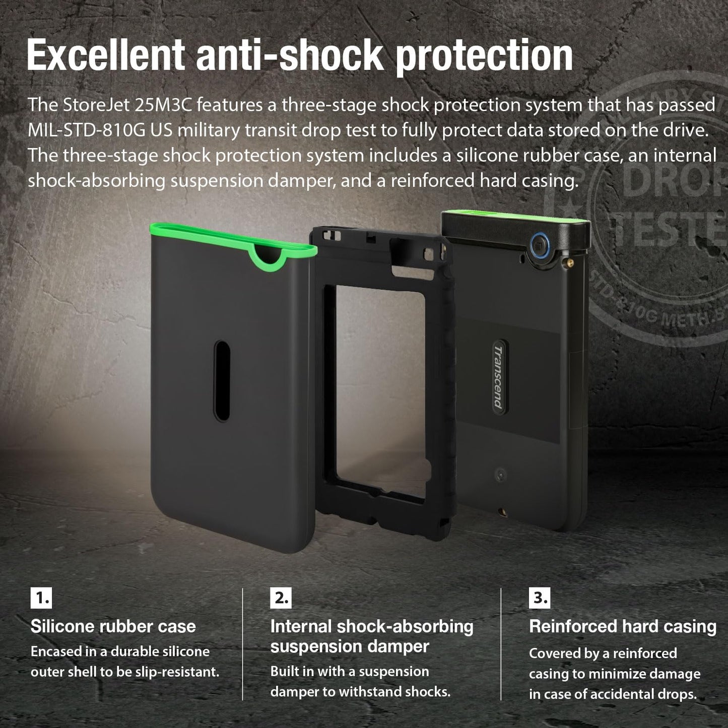 Transcend Rugged External Hard Drive, for PS4, PC, Mac, Desktop, Laptop, Xbox One, Xbox 360, USB3.1Gen1 (5Gbps) Type-C Portable HDD, One Touch Auto-Backup Button, Anti-Shock Resistant (TS-SJ25M3)