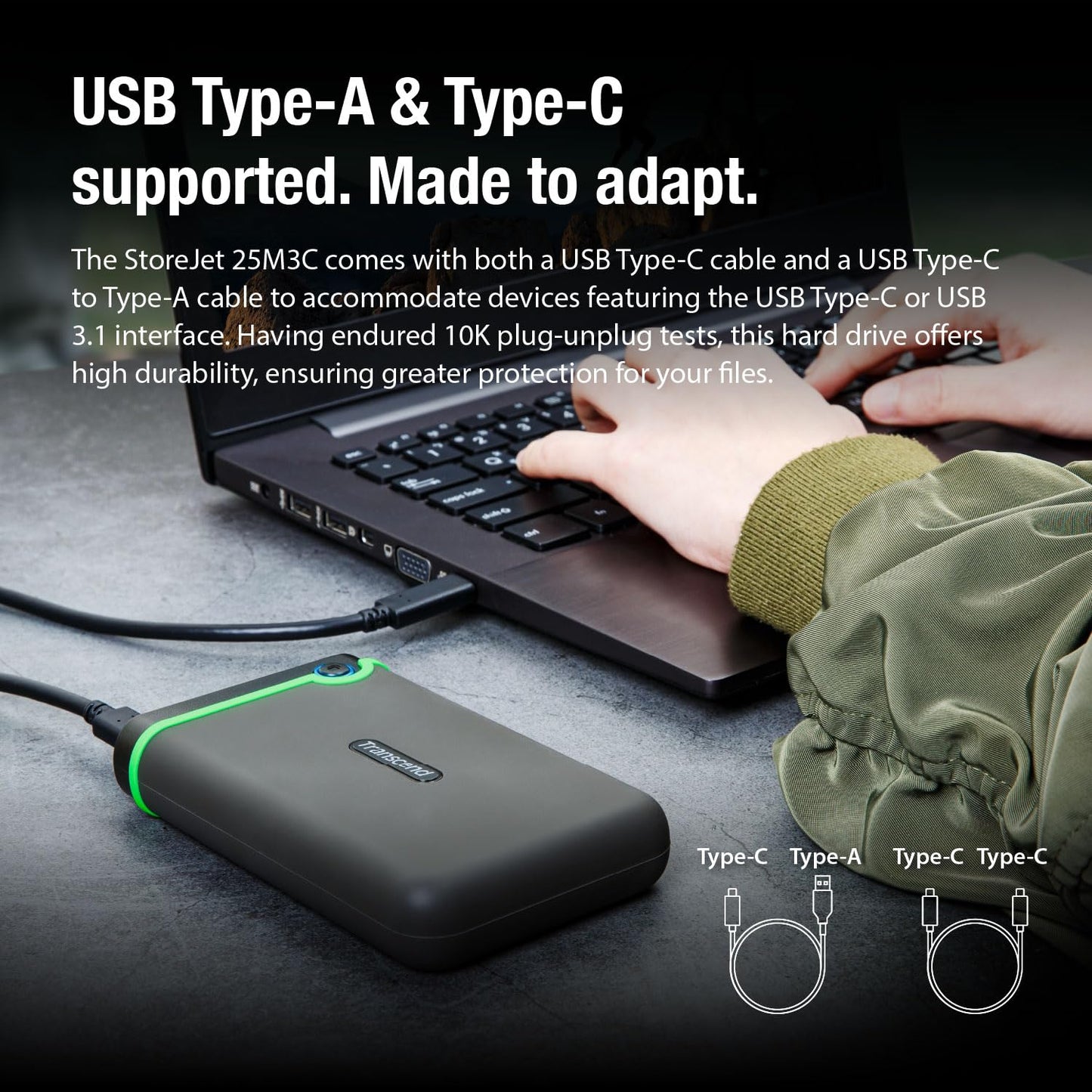 Transcend Rugged External Hard Drive, for PS4, PC, Mac, Desktop, Laptop, Xbox One, Xbox 360, USB3.1Gen1 (5Gbps) Type-C Portable HDD, One Touch Auto-Backup Button, Anti-Shock Resistant (TS-SJ25M3)
