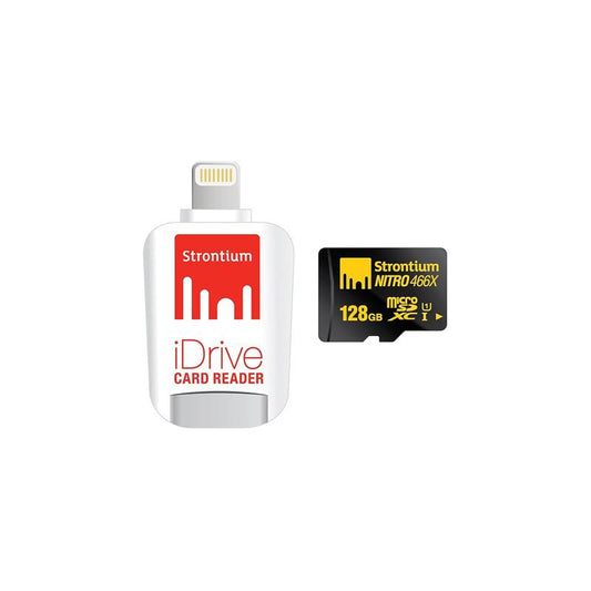 Strontium Nitro 128GB Micro sdxc UHS-1 Memory Card with iDrive Card Reader with Lightning Connector for iPads, iPhones and Computers - (SRN128GTFU1D)