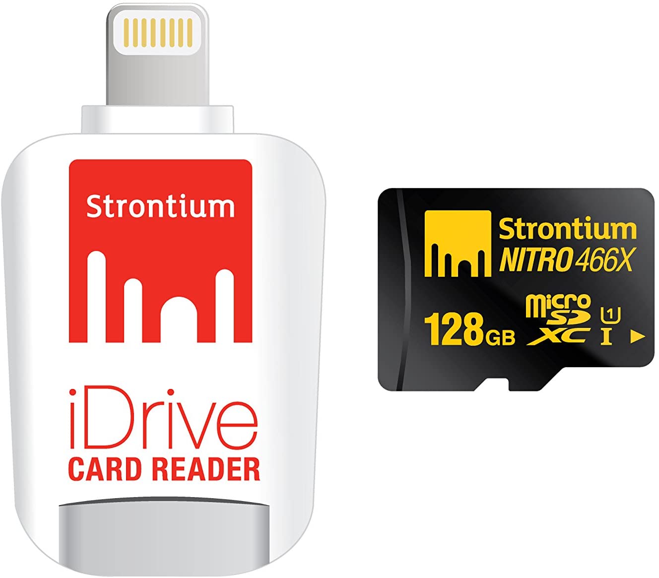 Strontium Nitro 128GB Micro sdxc UHS-1 Memory Card with iDrive Card Reader with Lightning Connector for iPads, iPhones and Computers - (SRN128GTFU1D)