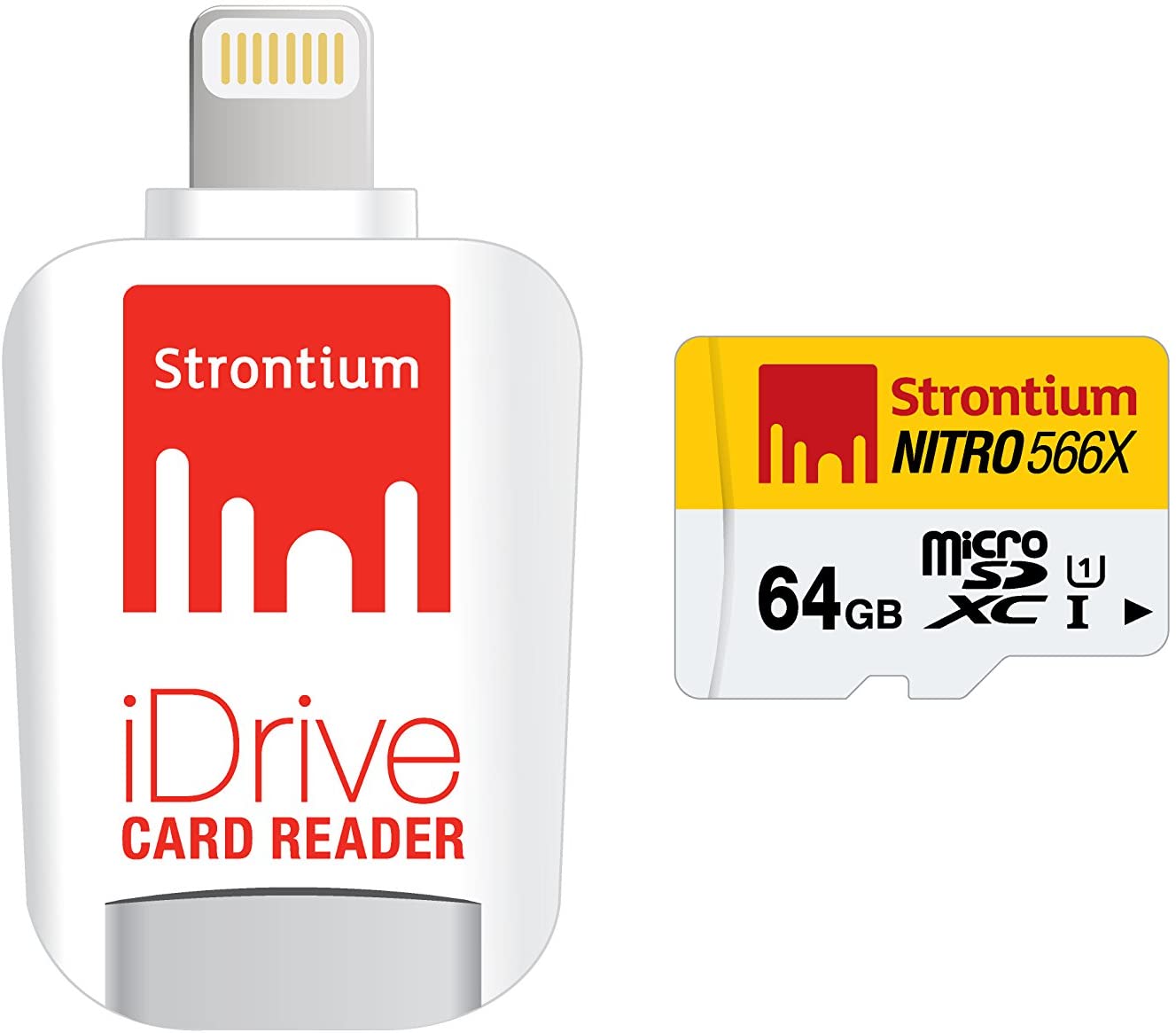 Strontium Nitro 64GB Micro sdxc UHS-1 Memory Card with iDrive Card Reader with Lightning Connector for iPads, iPhones and Computers - (SRN64GTFU1D)